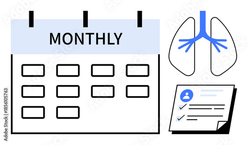 Calendar labeled Monthly, lungs diagram, and patient report with checklist highlight regular health screening. Ideal for healthcare planning, wellness tracking, medical schedules, prevention