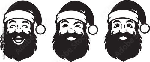 Three black silhouette heads of Santa Claus each with a unique expression and a fluffy white pompom hat also transparent background