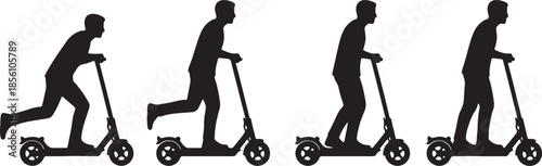 Silhouette progression of a person riding an electric scooter showing different stages of movement and balance also transparent background