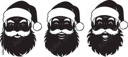Three stylized black silhouette of Santa Claus faces with varying expressions and iconic hats featuring fluffy pom-poms and trim also transparent background