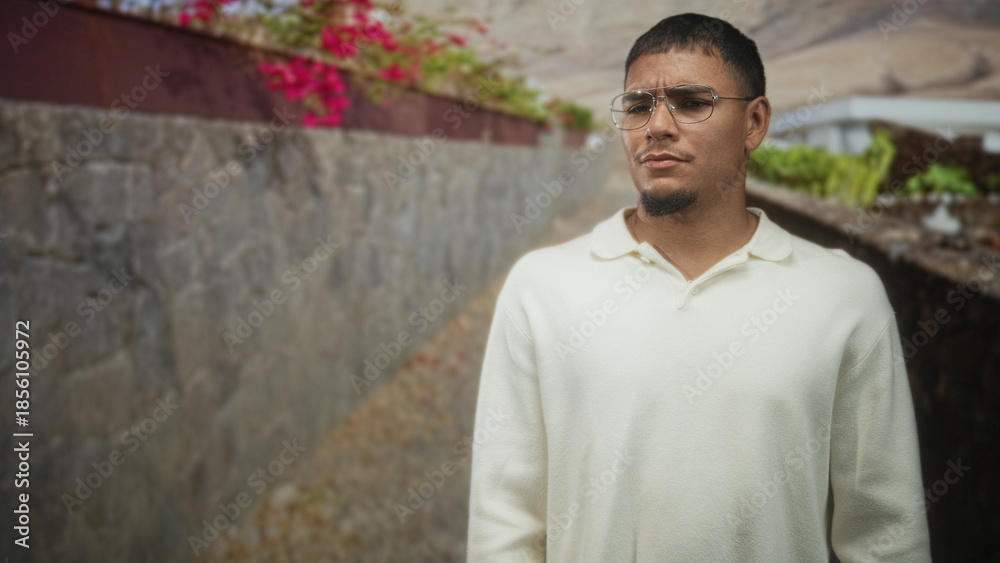 Obraz premium Man wearing glasses stands with hands at sides on a stone street beside a planter and wall, looking slightly to the right; contemplation.