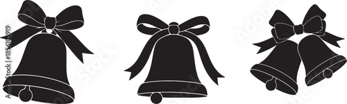 Three black silhouette of bells adorned with bows representing celebration holidays weddings and festive occasions with a clear ringing sound also transparent background