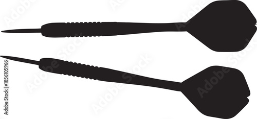 Two black silhouette of darts with sharp points and feathered tails representing sports games competition and precision aiming for target accuracy also transparent background