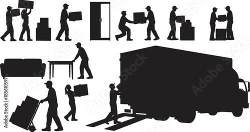Black silhouette depicting various scenes of people moving and loading boxes onto a large truck with a liftgate, symbolizing relocation and delivery services also transparent background