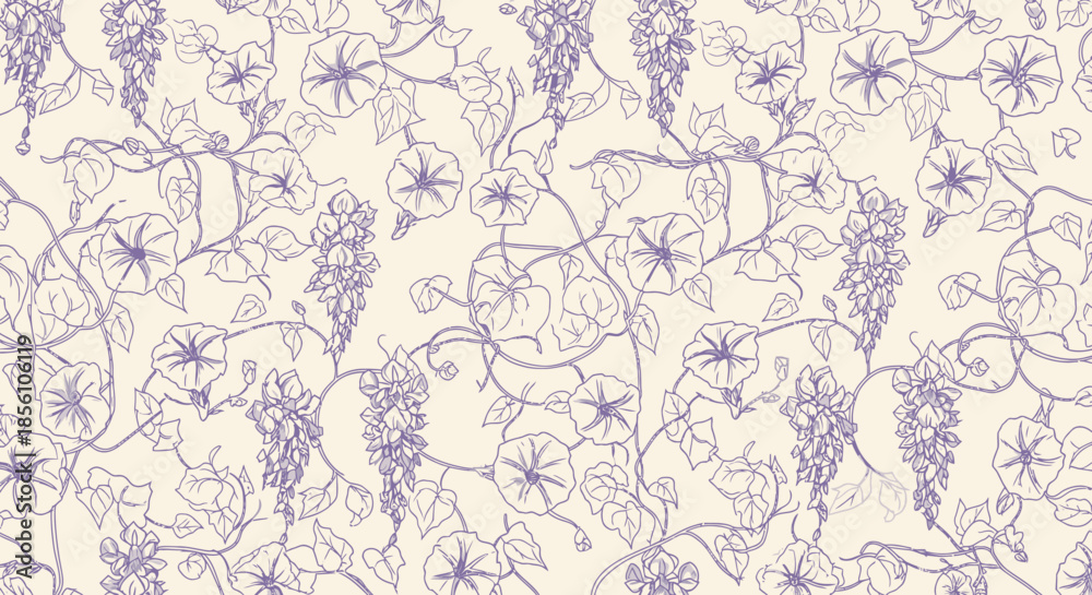 Fototapeta premium Seamless pattern with hand-drawn morning glory and wisteria flowers and vines in purple on a cream background, botanical illustration.