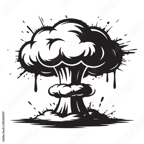Atomic blast mushroom cloud graphic with splatter ink illustration