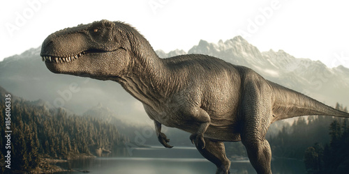 Carcharodontosaurus stands tall against a primeval landscape of lakes mountains and forests