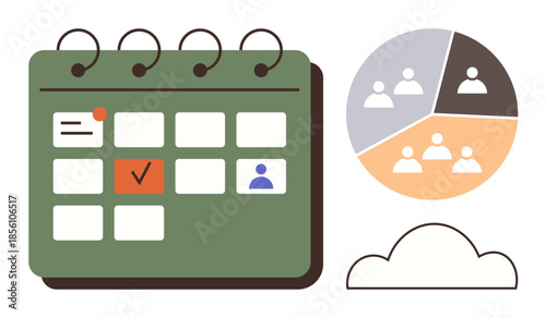 Calendar with marked events and tasks, pie chart showing team distribution, and a simple cloud icon. Ideal for scheduling, teamwork, planning, productivity, project management, data storage