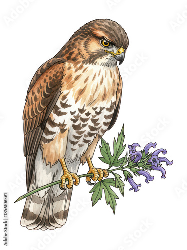 Watercolor Red-Tailed Hawk with Flowers Illustration, Isolated