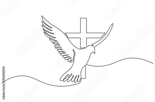 Continuous one line drawing of White dove bird wooden cross. Single line drawing illustration of A dove flies near a cross. God worship in faith concept vector art. Doodle line illustration.