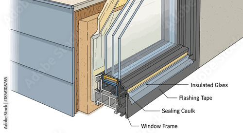 Detailed cross-section diagram illustrating window installation with insulated glass, flashing tape, sealing caulk, and window frame components.