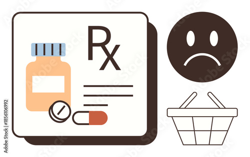 Pill bottle, capsules, and a prescription slip alongside a sad face and empty basket symbolizing unaffordable healthcare, rising costs, medication access. Ideal for healthcare, pharmacy