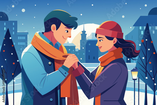 Couple sharing warmth in winter