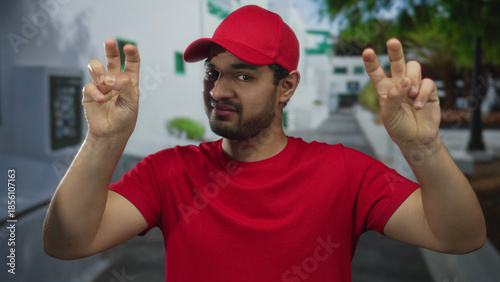 Εκτύπωση καμβά Young man in red shirt uses fingers for air quotes gesture while standing outdoors on a city street; skepticism