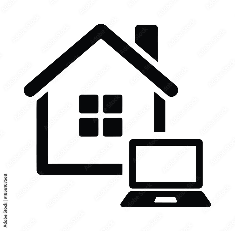 Obraz premium Black vector icon of house and laptop together in design