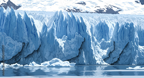 A massive glacier wall with jagged blue ice formations reflecting in the calm water below.