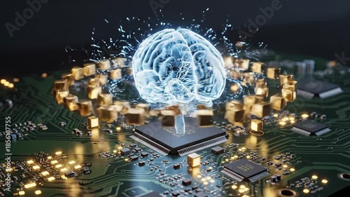 AI Brain on Circuit Board - This video shows a translucent blue brain hovering over a circuit board, with golden cubes orbiting around it.