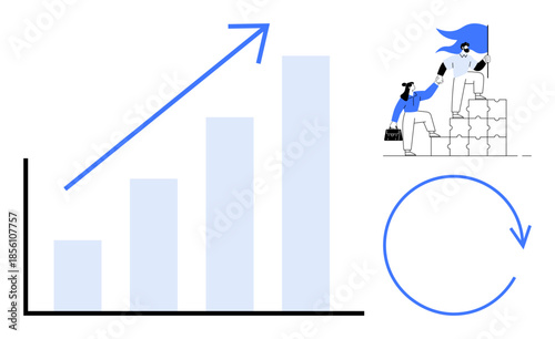 Business growth, teamwork, leadership, progress, strategy, cycle development. A bar graph with upward arrow, a leader helping a teammate and a progress cycle. Business growth and teamwork