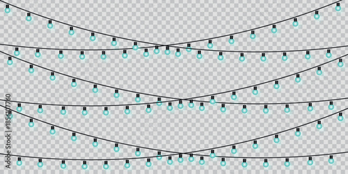 Glowing blue string lights isolated on transparent background