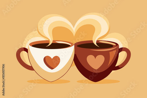 Two heart-shaped coffee cups with steam