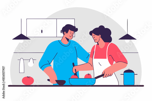 Couple cooking together in kitchen