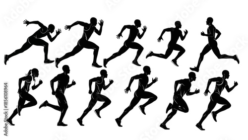 Vector silhouettes of women and girls depict people in sport action including soccer players with a ball and athletes in running competition or exercise design