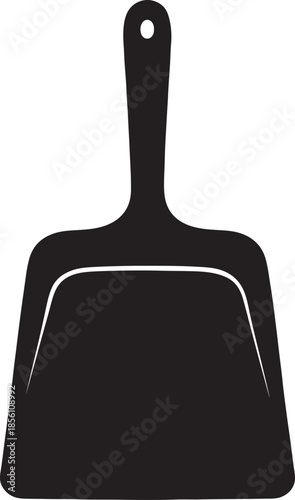 Black Silhouette of a Dustpan with a Wide Scoop and a Long Handle Featuring a Hanging Hole