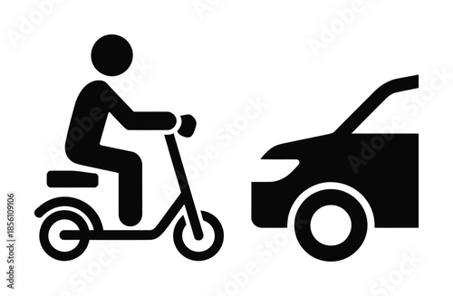 Vector graphic shows scooter rider next to a car