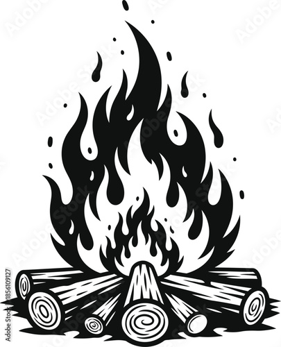 Vintage Woodcut Campfire Art | Bold Black & White Tattoo Flame Vector