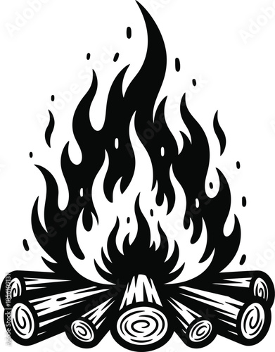Vintage Woodcut Campfire Art | Bold Black & White Tattoo Flame Vector