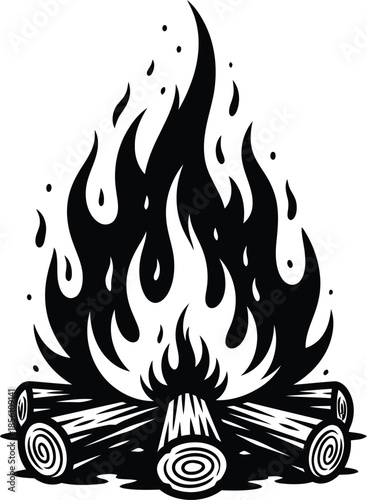 Vintage Woodcut Campfire Art | Bold Black & White Tattoo Flame Vector