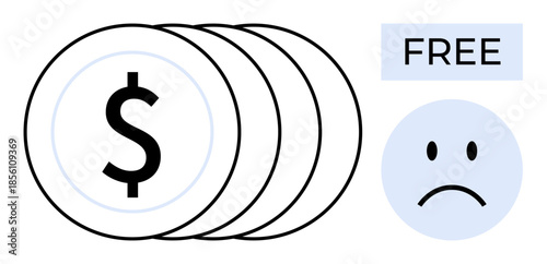 Financial loss concept. Depiction of financial struggle with coins, free label, and sad face icon. Financial loss, cost management, and budgeting challenges. For business, finance emotional