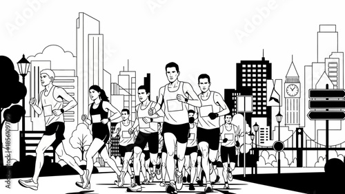 People walking along a city street with urban skyline silhouettes and buildings in a vector illustration