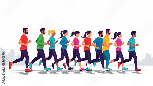 Morning Runners: A vibrant group of runners, each radiating energy and focus, moving in unison towards their fitness goals. They move as one towards success.