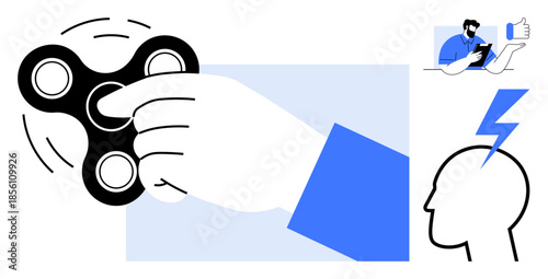 Stress relief, focus enhancement, productivity, digital interaction, brainstorming, mental health. A hand spins a fidget spinner, a lightning bolt strikes a head and a person using a tablet. Stress