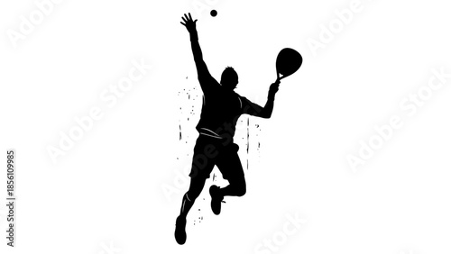 Tennis Player Silhouette: A dynamic silhouette captures a tennis player in mid-air, poised to serve, with the ball at the peak of its trajectory and racket raised high in anticipation.