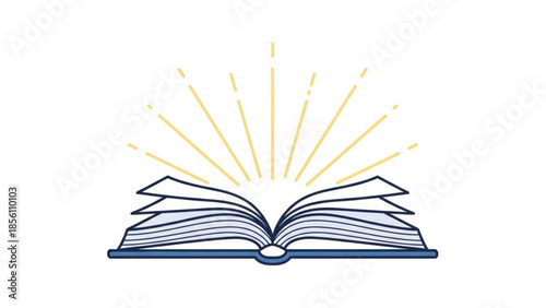 Open book illustration with bright radiating light beams symbolizing knowledge discovery wisdom learning and enlightenment on a clean white background
