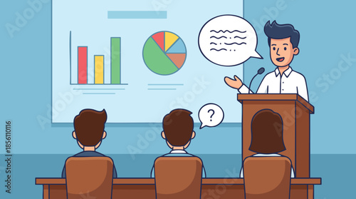 Business presentation with charts and audience qa session in a modern office setting