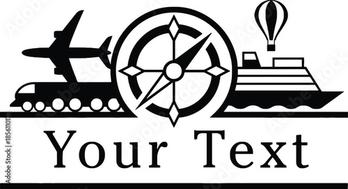 Travel Transportation Logo with Compass, Airplane, Train and Cruise Ship Vector Icon