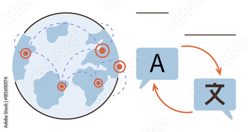 Globe with connected locations and speech bubbles showcasing multilingual translation. Ideal for globalization, language learning, communication, translation services, international collaboration