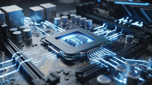 Illuminated Computer Motherboard and CPU - A macro shot showcases a computer motherboard with a central processing unit (CPU) radiating a blue glow.