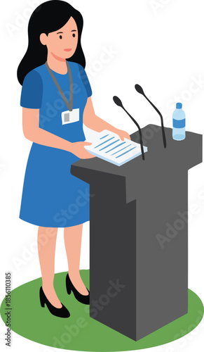Female speaker presenting at podium with microphones and water bottle