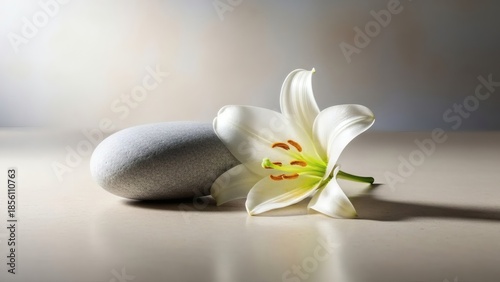 Serene white lily rests beside smooth pebble, symbolizing peace and tranquility