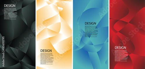 Collection of modern abstract gradient poster backgrounds with smooth layered flowing shapes and dynamic color transitions. Contemporary vertical designs featuring dark and vibrant tones, suitable for