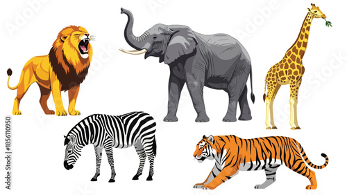 Modern vector illustration collection of wild animals elephant, tiger, zebra, giraffe, lion, in various poses on white background, flat wildlife set with solid colors, ideal for education