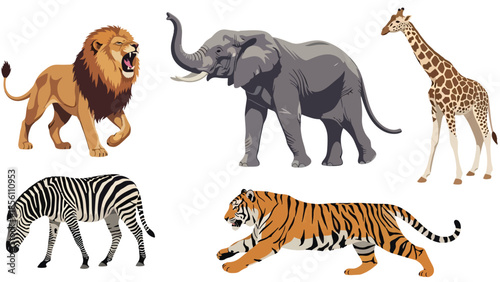 Modern vector illustration collection of wild animals elephant, tiger, zebra, giraffe, lion, in various poses on white background, flat wildlife set with solid colors, ideal for education