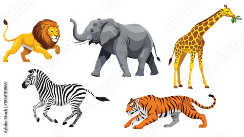 Modern vector illustration collection of wild animals elephant, tiger, zebra, giraffe, lion, in various poses on white background, flat wildlife set with solid colors, ideal for education