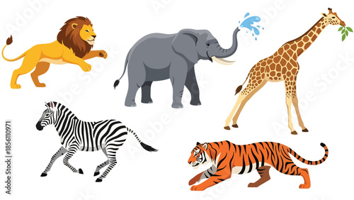 Modern vector illustration collection of wild animals elephant, tiger, zebra, giraffe, lion, in various poses on white background, flat wildlife set with solid colors, ideal for education