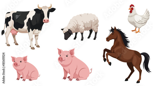 Modern vector illustration collection of farm animals cow, sheep, pig, horse, in various poses on white background, flat rural animal set with solid colors, ideal for agriculture