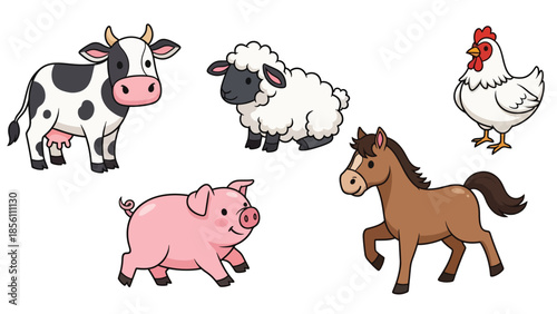 Modern vector illustration collection of farm animals cow, sheep, pig, horse, in various poses on white background, flat rural animal set with solid colors, ideal for agriculture